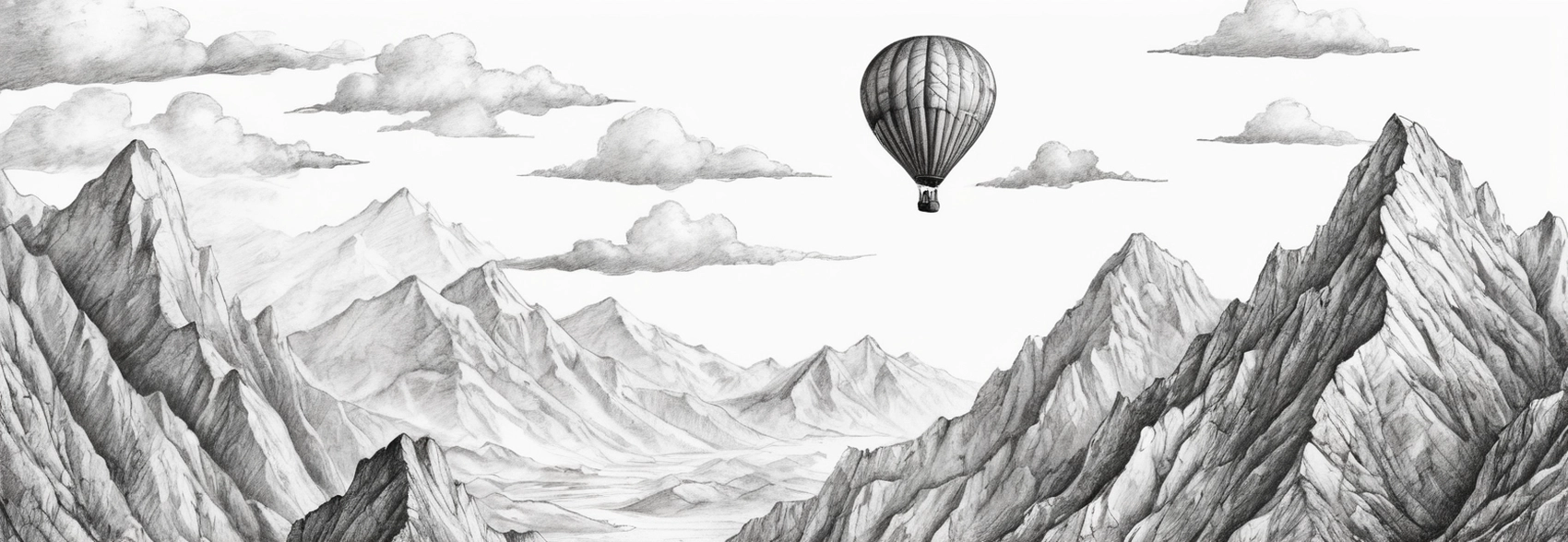A black and white sketch of hot-air balloon over a mountain range generated using Fooocus with "Pencil Sketch Drawing" style and quality = True